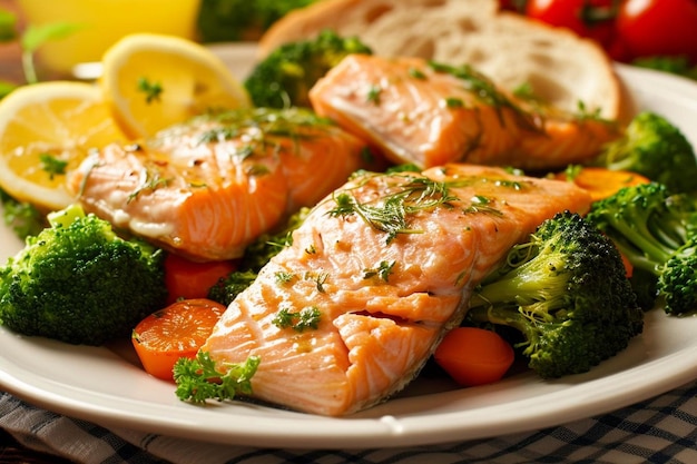 Salada de brócolis com salmão cenoura cereja tomate limonada e pão