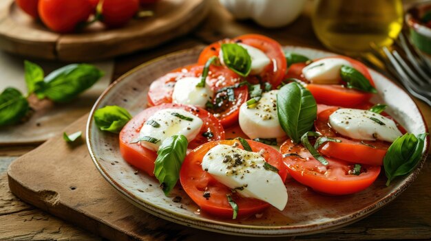 Foto salada de caprese com mozzarella e tomates contra uma cena de cozinha italiana