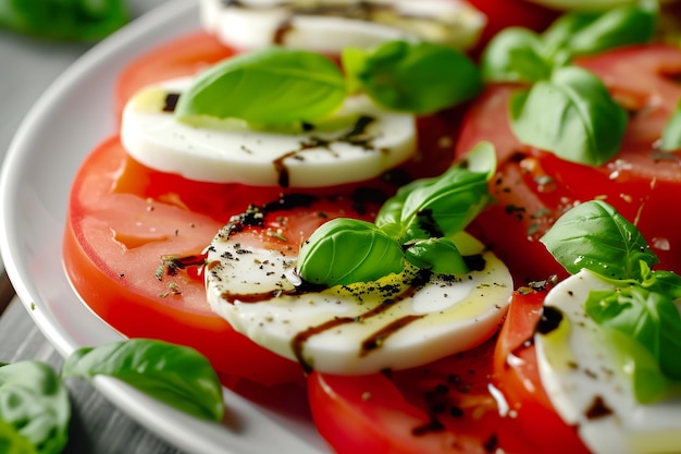 Salada de caprese com tomates maduros, queijo mozzarella, manjericão fresco