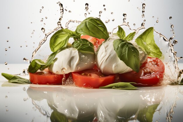 Salada de caprese em close-up com azeite de oliva em prato vegetariano branco fresco cozinha italiana