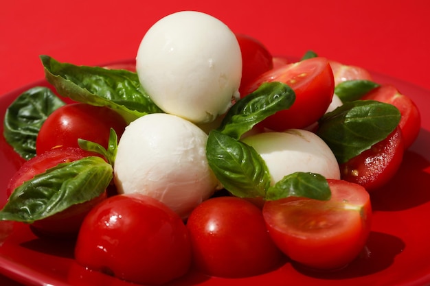 Salada de caprese em uma tigela vermelha em close-up