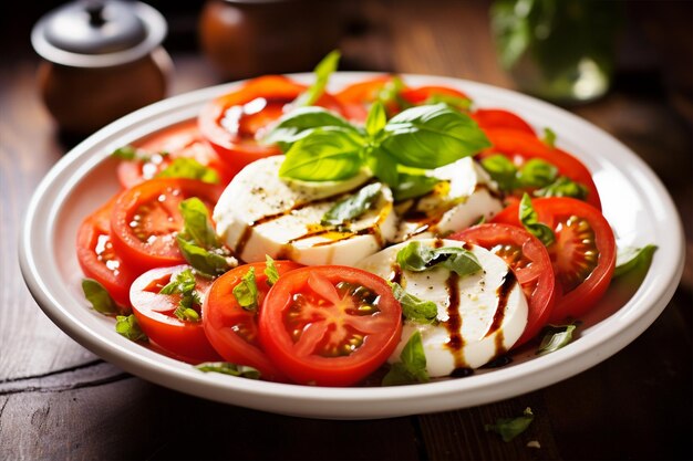 Foto salada de caprese fresca com mozzarella fresca tomates picados folhas de manjericão óleo de oliva