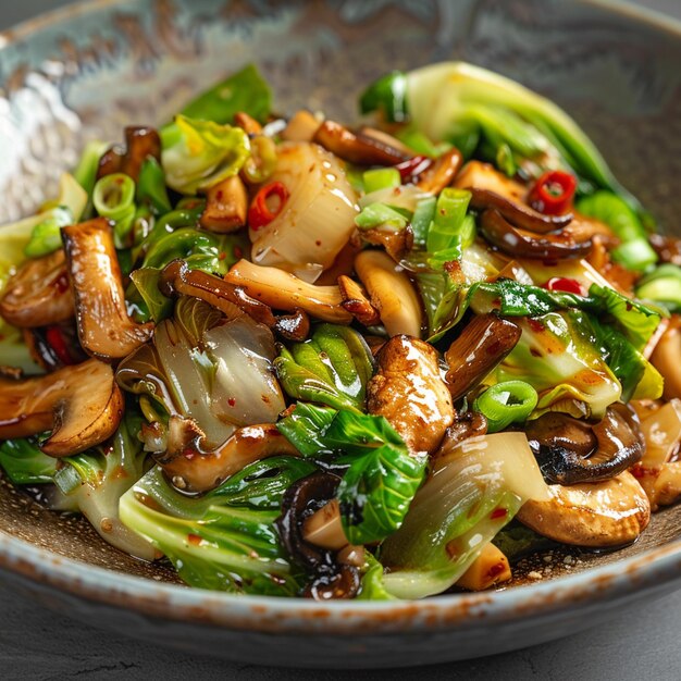 Foto salada de caule frito com cogumelos de orelha de madeira mun prato de cozinha chinesa