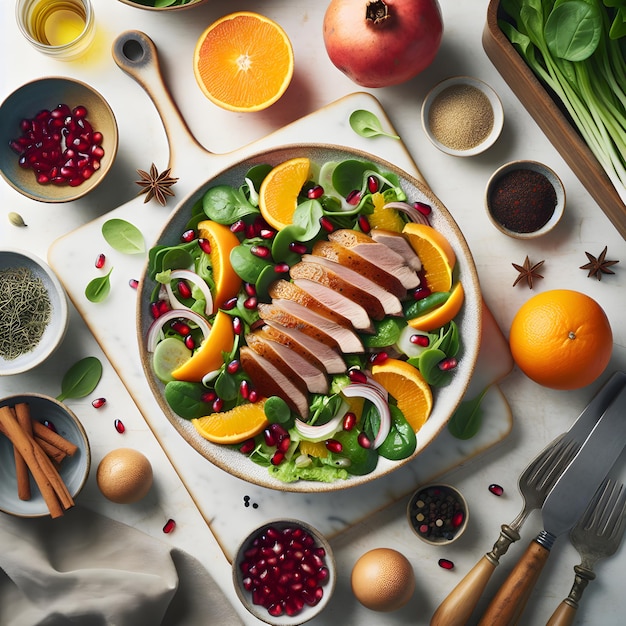 Salada de confeito de pato com laranja em balcão de mármore