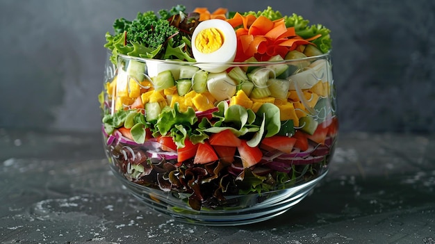 Foto salada de cozinheiro em camadas ovos cozidos