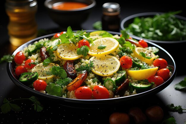 Salada de cuscuz colorida e fresca com azeitonas generativa IA