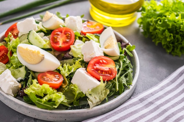 Salada de dieta com queijo de tomate de ovos e verduras mistas Copiar espaço