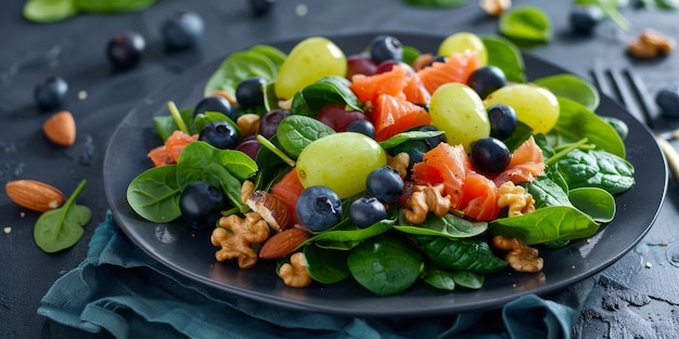 Salada de espinafre fresco com uvas de salmão e nozes em fundo escuro