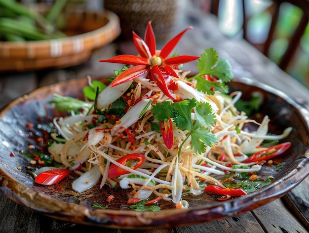 Salada de Flores de Banana Uma salada feita de flores de banana com ervas e pimentão