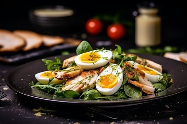 Salada de frango César na mesa.