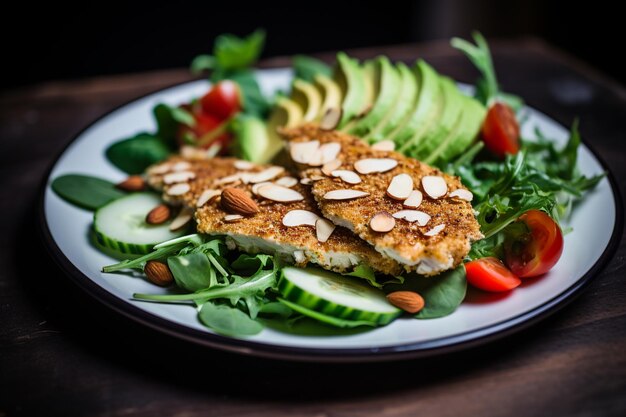 Foto salada de frango com casca de amêndoa salada saudável com frango em pão sobre verduras