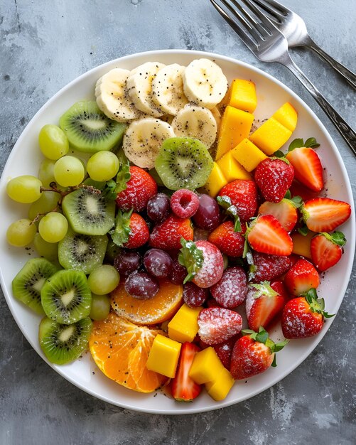 Salada de frutas em um prato branco há morangos uvas kiwi laranjas banana bagas etc.