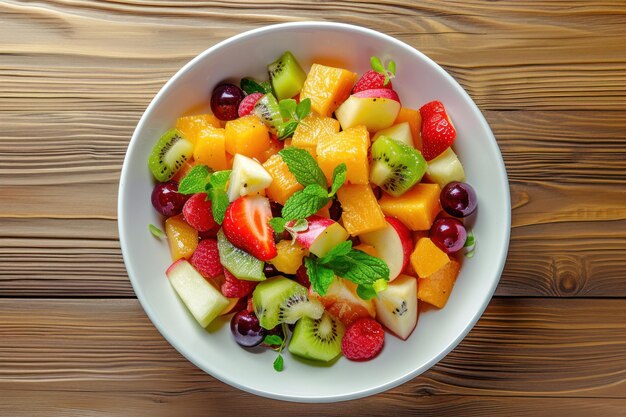 salada de frutas em uma tigela branca em uma mesa marrom