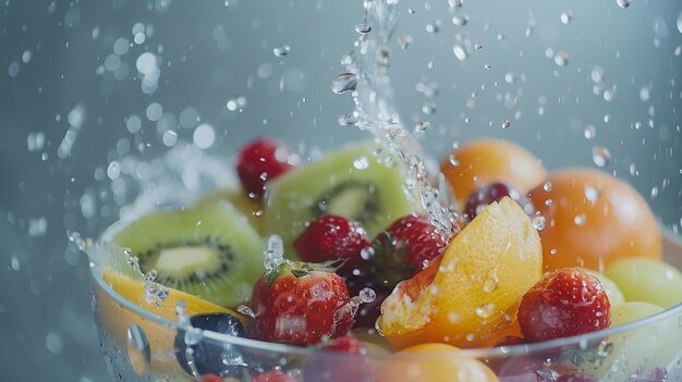 Foto salada de frutas em uma tigela de vidro com salpicos de água