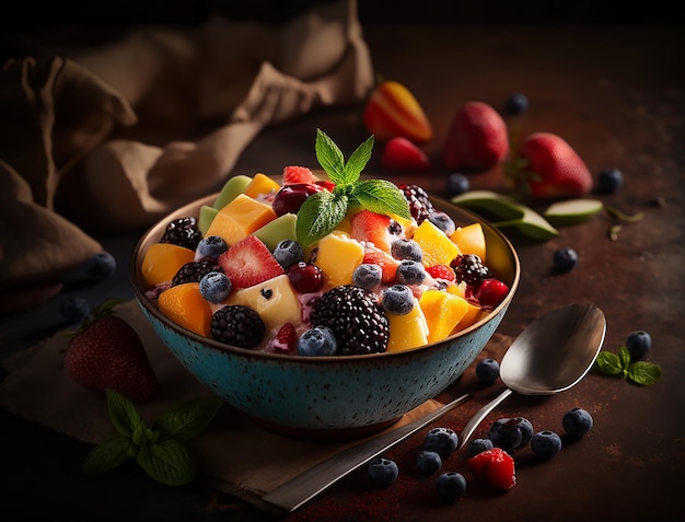 Salada de Frutas Fotografia de Alimentos Delicioso Saudável e Refrescante Criado com IA Generativa