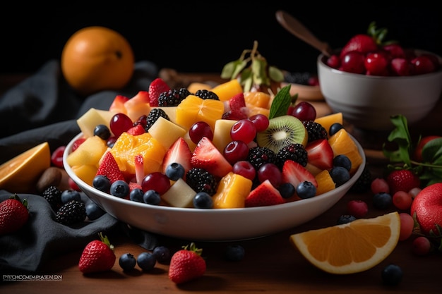 Salada de frutas frescas closeup fotografia de comida ângulo baixo