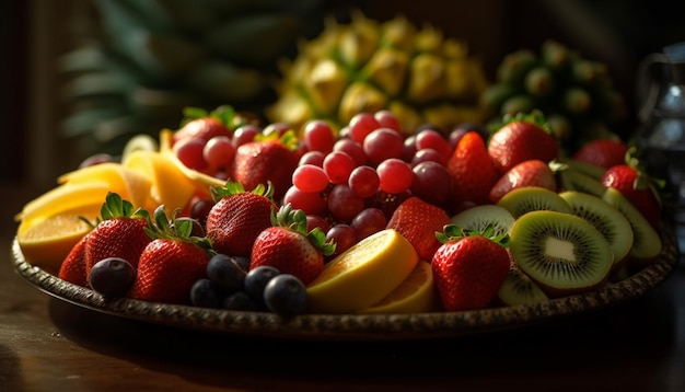 Salada de frutas frescas com frutas e fatias de frutas cítricas geradas por IA