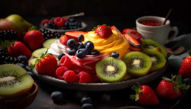 Salada de frutas frescas com iogurte e creme de menta gerada por IA