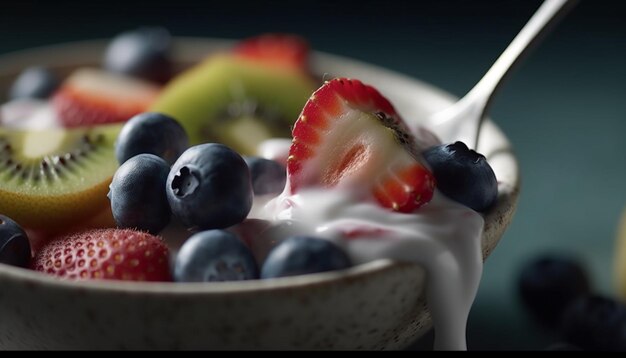 Salada de frutas frescas com iogurte e granola gerada por IA