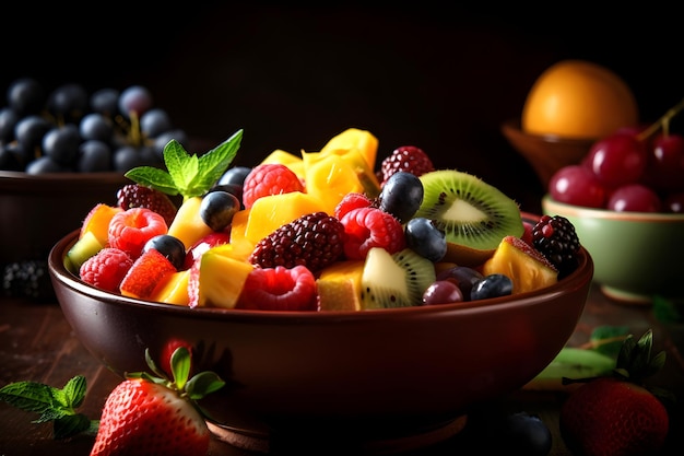 Salada de frutas frescas com várias frutas na tigela sobre fundo preto