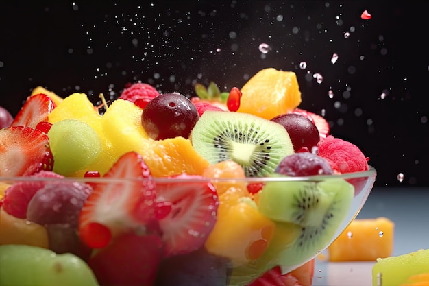 Salada de frutas frescas de verão com fatias coloridas de morango kiwi e framboesa Uma sobremesa saudável e doce perfeita Ai generative