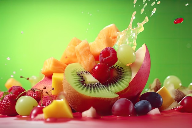 Salada de frutas frescas de verão e fundos de cores de verão Closeup de uma sobremesa gourmet com uma mistura de frutas doces saudáveis em arranjo multicolorido Ai generative