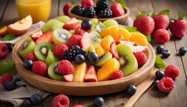 Salada de frutas frescas de verão num prato de madeira