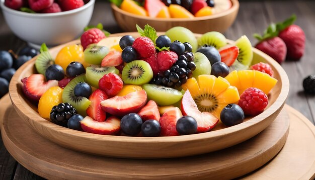 Salada de frutas frescas de verão num prato de madeira