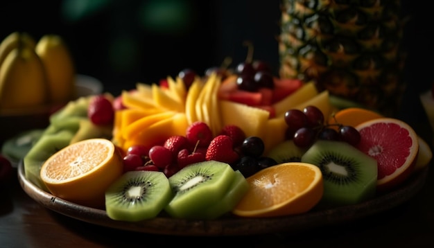 Salada de frutas frescas em mesa de madeira perfeita para lanches saudáveis gerados por inteligência artificial