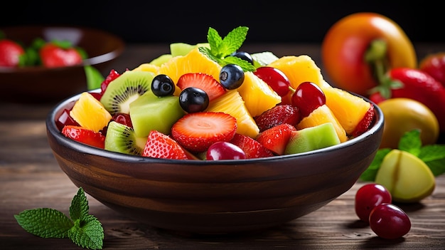 Foto salada de frutas frescas mistas de frutas tropicais tigela de salada de frutas frescas saudável na mesa de madeira