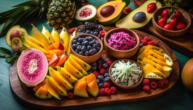 Foto salada de frutas orgânicas frescas com variação de sementes de abacate e maracujá gerada por ia