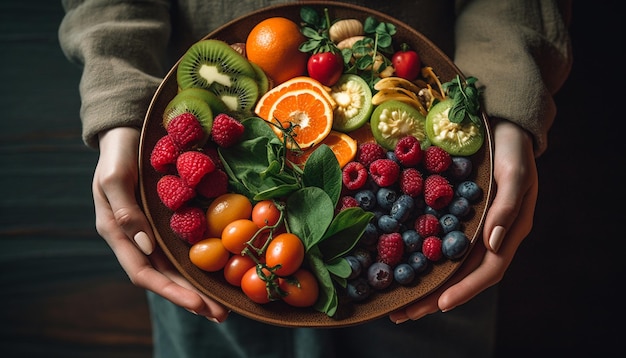 Salada de frutas orgânicas, uma refeição de verão gourmet saudável e refrescante gerada por ia