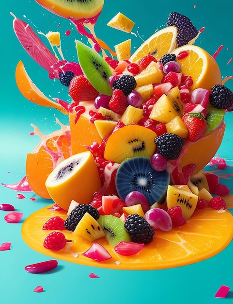 Foto salada de frutas saudáveis derramando no chão era uma bagunça cores vibrantes e texturas frutas fundo