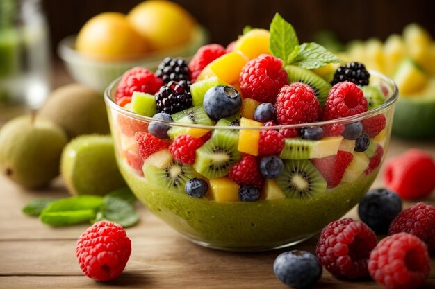 Salada de frutas saudável com frutas maduras e kiwi gerou arco