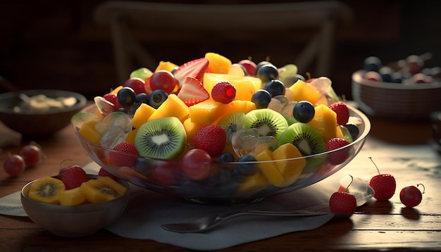 Salada de frutas saudável com uma variedade de frutas frescas e kiwi em uma mesa de madeira gerada por inteligência artificial