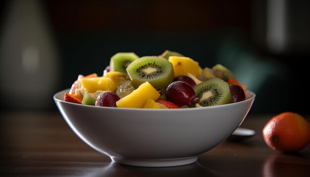 Salada de frutas saudável em mesa de madeira com frutas maduras suculentas geradas por inteligência artificial