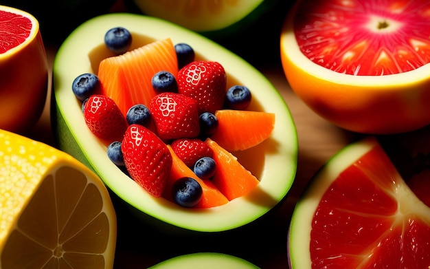 Salada de frutas servida dentro de uma melancia rodeada de frutas cítricas