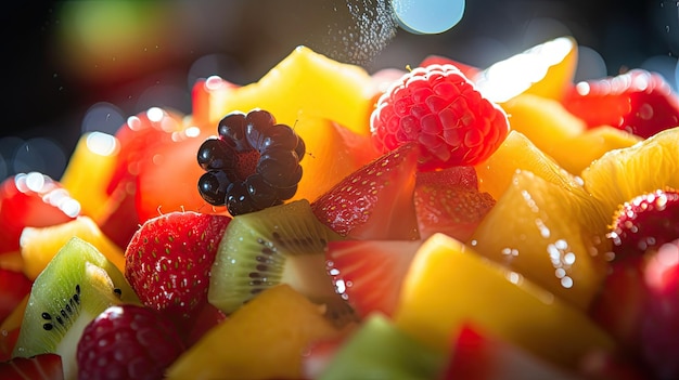 Salada de frutas suculentas hiper-realistas extrema de perto luz de polpa suculenta iluminada através da polpa