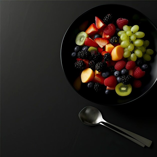 Foto salada de frutas superfície preta mesa decoração minimalista ar 11 v 6 id de trabalho ab3bec9302794a88bbe0dacfbba23d19
