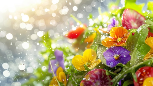 Foto salada de legumes colorida com flores comestíveis e gotas de orvalho