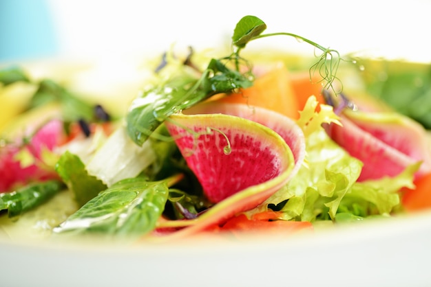 Salada de legumes com daikon, pepino, cenoura e espinafre.
