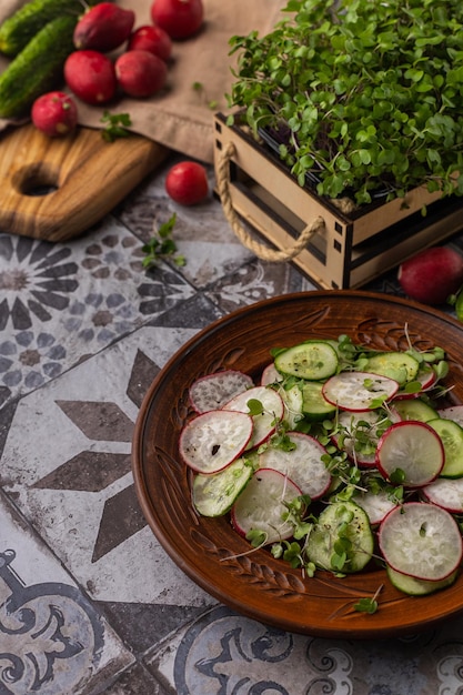 Salada de legumes de rabanete fresco e pepino com microgreens em um prato de cozinha