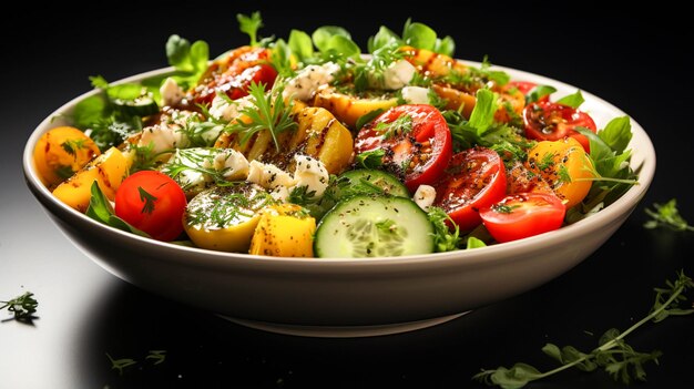 salada de legumes em um prato sobre um fundo de mesa branca