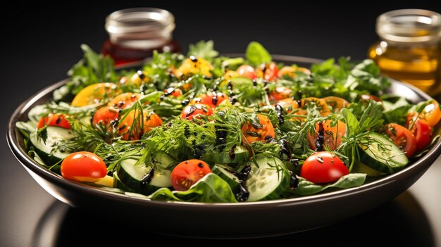 salada de legumes em um prato sobre um fundo de mesa branca