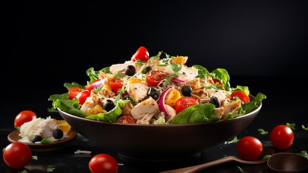 salada de legumes frescos e frango num prato