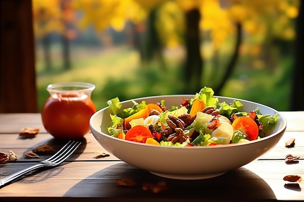 Salada de legumes frescos na mesa de madeira com vista para as vibrações da manhã de outono