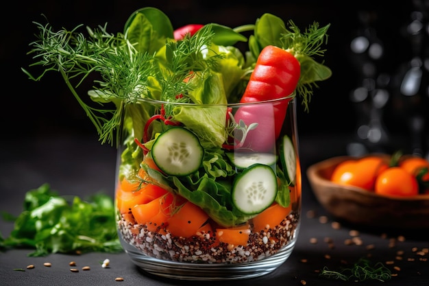 Salada de legumes frescos picados numa tigela de vidro