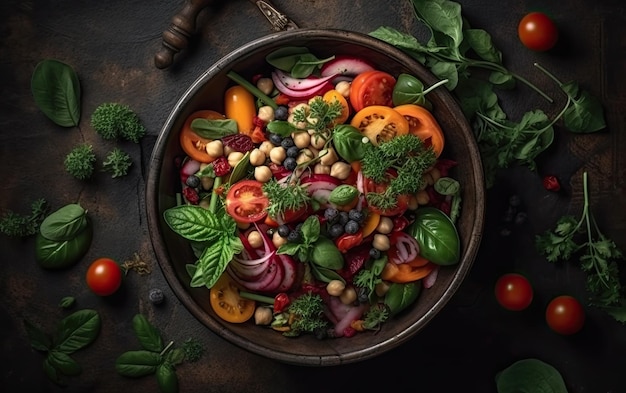 Salada de legumes saudável para vegans ângulo de visão superior