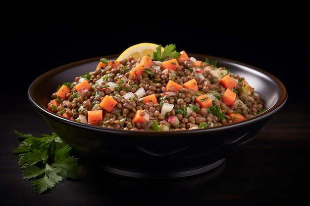 Salada de lentilha com pimentão e cenoura em uma tigela em fundo de ardósia preta