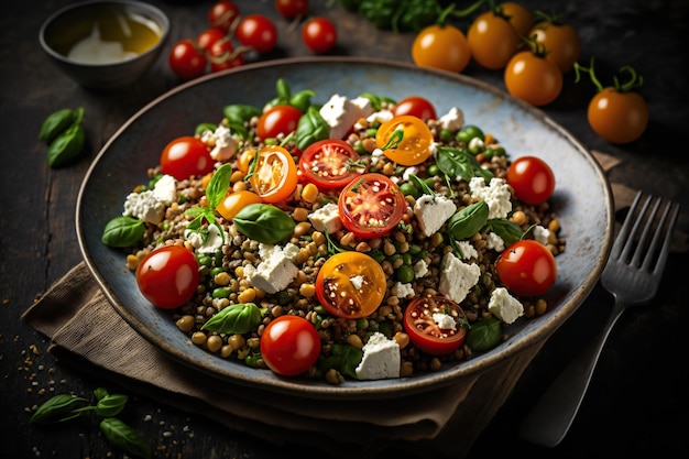 Salada de lentilha com tomate cereja e queijo feta